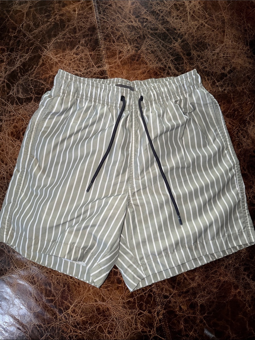 Men's Olive Green Stripe Swim Trunks with Drawstring